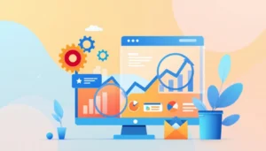 Ilustración de SEO on-page con una página web, engranajes y un gráfico de crecimiento