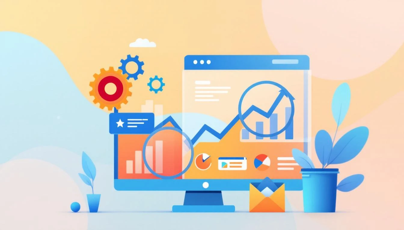 Ilustración de SEO on-page con una página web, engranajes y un gráfico de crecimiento