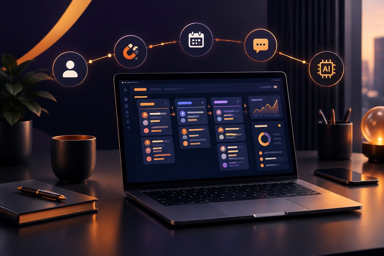 Ilustración de un CRM con automatizaciones, captación de leads e inteligencia artificial para pymes