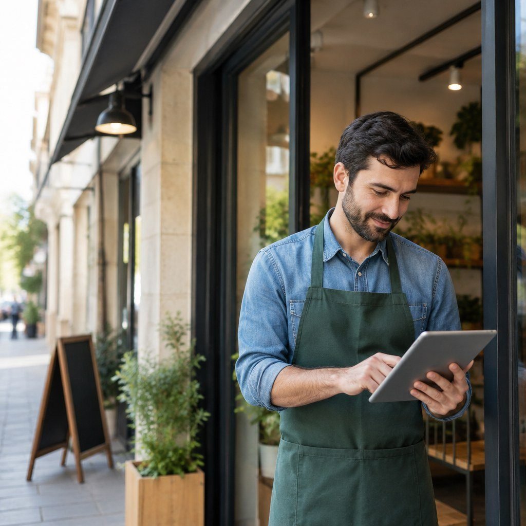 Propietario de un negocio local con una tableta para valorar el precio de Google Ads