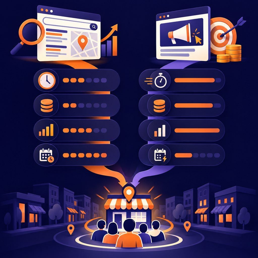 SEO local o Google Ads: flujo comparativo de decisión