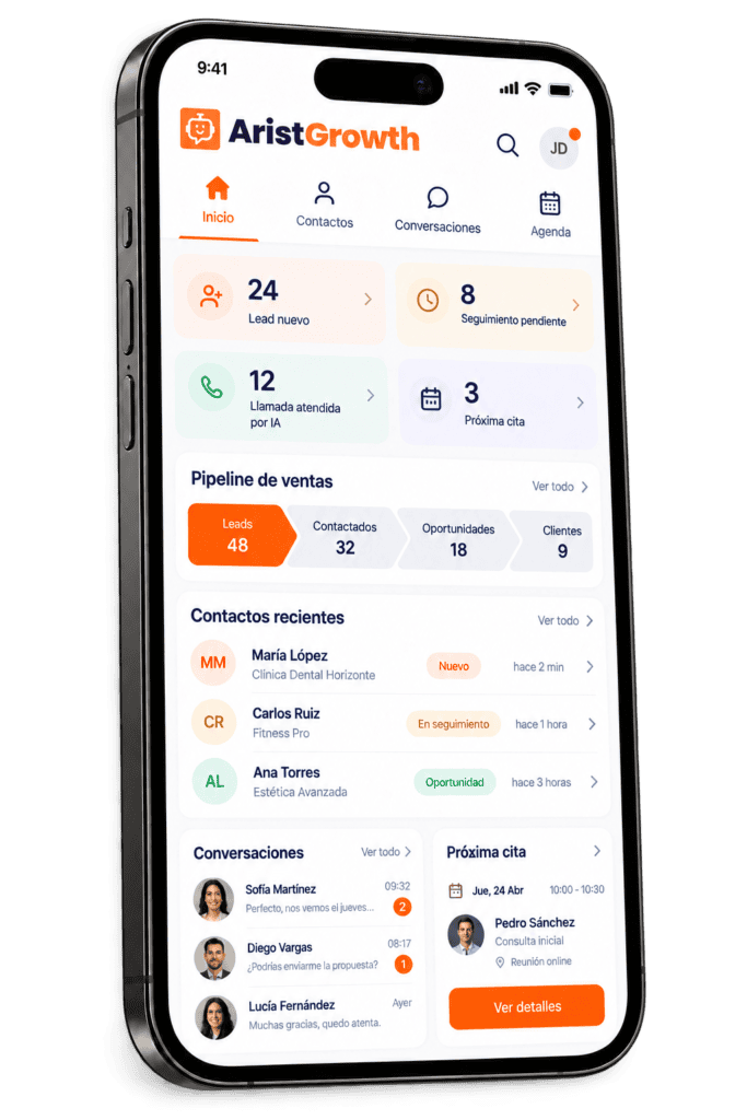 Aplicación móvil de AristGrowth con contactos, conversaciones, seguimiento comercial y citas.