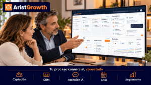Consultor explicando los Planes AristGrowth de captación y gestión de clientes con inteligencia artificial