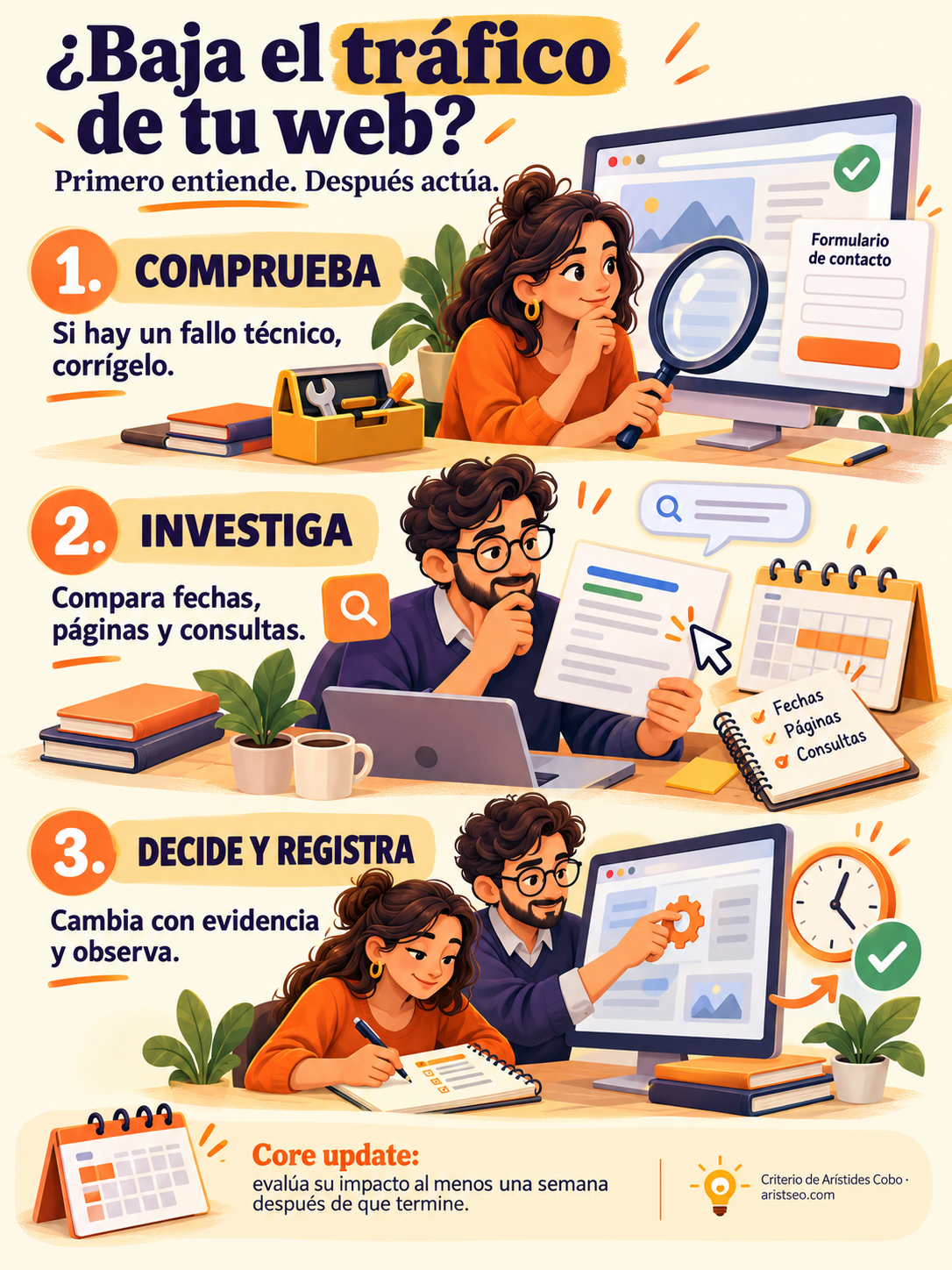 Volatilidad de Google: personajes ilustran cómo comprobar fallos, investigar una caída y decidir con evidencia