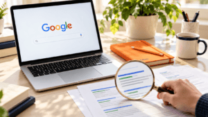 Volatilidad de Google: análisis de resultados en un escritorio luminoso con el logotipo de Google